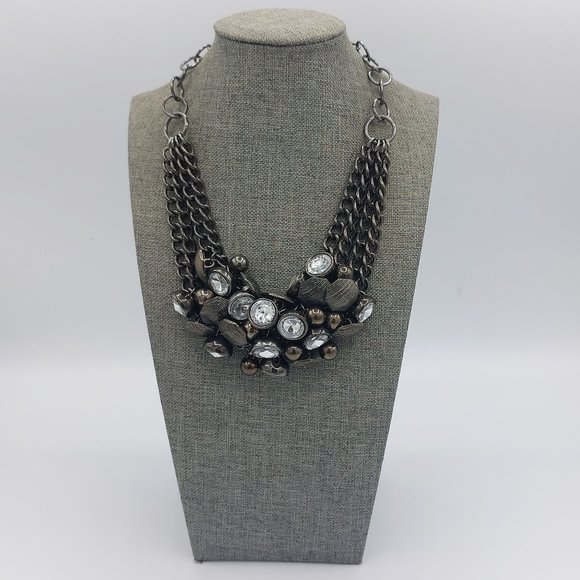 Vintage 80s Gunmetal Gray Silver Toned Necklace Cluster Bib Large Multi Strand - Picture 1 of 7